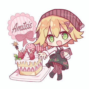 1girl :d amitie_(puyopuyo) black_boots black_dress blonde_hair blush boots brown_headscarf brown_pantyhose cake character_name chibi chibi_only collared_shirt commentary_request dress food fruit full_body futaba969649 hair_between_eyes hair_ornament hairclip headscarf highres holding holding_menu long_sleeves looking_at_viewer menu open_mouth pantyhose pinafore_dress puyopuyo shirt short_hair simple_background sleeveless sleeveless_dress smile solo standing strawberry striped_clothes striped_pantyhose twitter_username white_background white_shirt