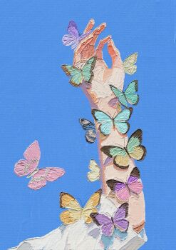 1other animal blue_sky bug butterfly clear_sky commentary_request insect oil_painting_(medium) original out_of_frame painting_(medium) palms short_sleeves sky traditional_media yozoramu