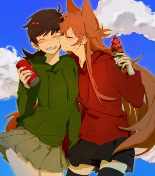 Rule 34 | 2girls, alternate hairstyle, animification, antenna hair, black nails, black skirt, black thighhighs, blush, breasts, brown hair, brown skirt, can, cloud, cola, couple, cowboy shot, drawstring, drink, drink can, eddsworld, ell (eddsworld), food, green hoodie, grin, hair ears, hand up, highres, holding, holding can, holding drink, holding food, holding hands, holding ice cream, hood, hood down, hoodie, ice cream, kiss, kissing cheek, long hair, long sleeves, low ponytail, medium breasts, multiple girls, outdoors, pleated skirt, ponytail, red nails, skirt, sky, smile, standing, thighhighs, tori (eddsworld), very long hair, xic94, yuri, zettai ryouiki
