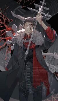 1boy alternate_costume arm_up black_clover black_coat black_hair black_pants blood blood_on_arm blood_on_clothes blood_on_face blood_on_hands blue_eyes bone bone_weapon bright_pupils coat collared_shirt demon_boy facial_mark feet_out_of_frame forehead_mark full_body fur-trimmed_collar fur_trim grin highres holding holding_weapon horns long_sleeves looking_at_viewer male_focus mark_under_eye pants red_pupils red_scarf scarf shirt short_hair smile solo standing weapon xingji20108 zenon_zogratis