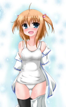 Rule 34 | 1girl, ahoge, asakura ryou (minazukitei), black thighhighs, blonde hair, blue eyes, blush, bow, breasts, female focus, hair ribbon, one-piece swimsuit, open mouth, original, ribbon, school swimsuit, short hair, smile, solo, swimsuit, thighhighs, twintails, undressing, white one-piece swimsuit, white school swimsuit