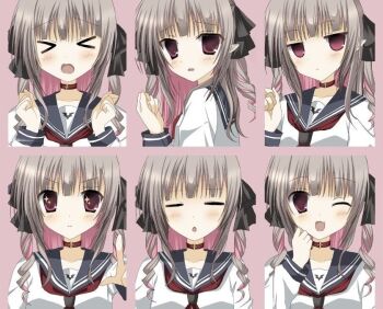 &gt;_&lt; 1girl 2000s_(style) :&lt; ;d =_= black_ribbon blonde_hair blue_sailor_collar blunt_bangs blush chestnut_mouth choker clenched_hand clenched_hands collarbone colored_inner_hair curly_hair fang hair_ribbon head_tilt jitome long_sleeves looking_at_viewer looking_to_the_side makaino_ririmu makaino_ririmu_(4th_costume) medium_hair multicolored_hair multiple_views neckerchief nijisanji one_eye_closed open_mouth p8vpdb parted_lips pink_background pink_eyes pink_hair pointing pointing_at_viewer pointy_ears raised_inner_eyebrows red_choker red_neckerchief ribbon sailor_collar shirt sidelocks skin_fang smile sparkling_eyes tareme upper_body v-shaped_eyebrows virtual_youtuber white_shirt