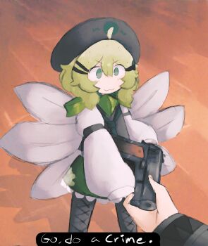 Rule 34 | 1girl, 1other, :3, absurdres, ahoge, beret, black shirt, chocomint (iesonatana), english text, fairy, fairy wings, go do a crime (meme), green eyes, green necktie, gun, hair ornament, hairclip, handgun, hat, highres, holding, holding weapon, iesonatana, long sleeves, loose necktie, medium hair, meme, necktie, original, pov, shirt, sleeves past fingers, sleeves past wrists, solo focus, touhou, weapon, wings, wooden floor