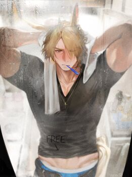 1boy animal_ears arknights arms_up black_pants black_shirt blue_male_underwear collarbone commentary cowboy_shot english_commentary groin highres horse_boy horse_ears jewelry male_focus male_underwear midriff_peek mlynar_(arknights) necklace one_eye_closed open_pants pants parted_bangs parted_hair shirt solo steam toothbrush toothbrush_in_mouth towel underwear uyouu19 v-neck yellow_eyes