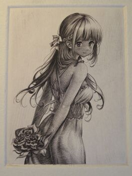 1girl arms_behind_back bouquet chitanda_eru closed_mouth commentary_request cropped_legs dress drinking flower from_side highres holding holding_bouquet hyouka long_hair looking_at_viewer looking_to_the_side mo_engraving single_bare_shoulder sleeveless sleeveless_dress smile solo standing turning_head