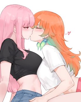 2girls absurdres alternate_costume bluefield breasts commentary_request cropped_shirt denim earrings feather_earrings feathers gradient_hair green_hair heart highres hololive hololive_english jeans jewelry kiss large_breasts long_hair mori_calliope multicolored_hair multiple_girls orange_hair pants pink_eyes pink_hair revision shirt takanashi_kiara virtual_youtuber white_background white_shirt yuri