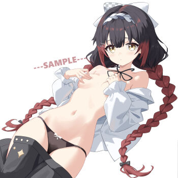 1girl absurdres black_bow black_hair black_panties black_skirt bow braid breasts check_copyright chinese_commentary closed_mouth clothes_pull commentary_request copyright_request covering_nipples covering_privates cowboy_shot hair_between_eyes hair_ornament hair_ribbon hairband highres light_blush long_hair looking_at_viewer lying multicolored_hair navel on_back original panties red_hair ribbon sample_watermark shirt_partially_removed simple_background skirt skirt_pull small_breasts solo topless_female twin_braids two-tone_hair underwear watermark white_background white_hairband white_ribbon yellow_eyes youtanhuayuan255