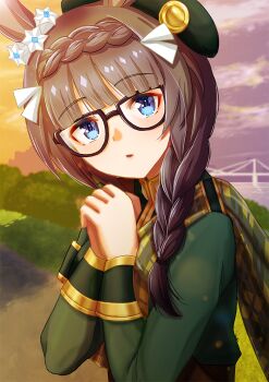 1girl animal_ears beret black-framed_eyewear black_hair blue_eyes blush braid cape commentary_request crown_braid ear_scrunchie glasses green_hat green_jacket hat horse_ears horse_girl jacket long_hair long_sleeves looking_at_viewer otono_(bkt4b) outdoors parted_lips scarf sky solo umamusume zenno_rob_roy_(heroic_author)_(umamusume) zenno_rob_roy_(umamusume)