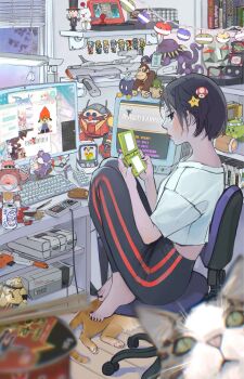 1girl absurdly_detailed_composition barefoot black_hair black_nails black_pants can cat chair chopsticks commentary computer_keyboard computer_mouse crop_top crt desk_lamp donkey_kong dr._eggman enerjax english_commentary facing_to_the_side feet_on_chair figure foliage food food-themed_hair_ornament full_body game_cartridge game_console grey_cat hair_ornament handheld_game_console highres holding holding_handheld_game_console indoors instant_cup_noodles instant_noodles knees_up lamp loaded_interior looking_at_viewer mask monitor mushroom_hair_ornament nail_polish nes nes_gamepad nintendo_ds nintendo_dsi office_chair on_chair orange_cat original pants parappa parappa_the_rapper parted_lips photobomb playing_games playing_video_games pocky poke_ball profile purple_sky shirt short_hair sitting sky solo star_(symbol) star_hair_ornament string_of_light_bulbs swivel_chair toenail_polish toenails toy_gun white_shirt window window_blinds yoga_pants yoshi