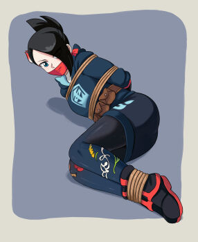 1girl absurdres arms_behind_back ass bdsm black_hair blue_eyes blush body_blush bondage bound bound_ankles cloth_gag gag gagged hair_ornament hair_over_one_eye highres improvised_gag lost_one_zero mai_(pokemon) nintendo pokemon pokemon_legends:_arceus rope shoes