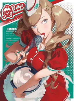 1girl apron blonde_hair blue_eyes bowl breasts commentary cream dress eating english_commentary english_text fajyobore hair_ornament hairclip hat highres holding holding_bowl holding_whisk licking maid maid_apron medium_breasts open_mouth persona persona_5 red_dress solo takamaki_anne tongue tongue_out twintails waitress whisk white_hat