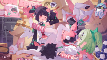 Rule 34 | 3girls, :d, ;d, accident, aria (robot) (zenless zone zero), aria (zenless zone zero), bangboo (zenless zone zero), black hair, blush, bow, box, cardboard box, chinese commentary, commentary request, detached sleeves, dress, green hair, hair bow, highres, indoors, leg warmers, long sleeves, lying, multiple girls, nangong yu, no shoes, on back, one eye closed, open mouth, pantyhose, pink hair, red eyes, robot girl, shirt, sitting, smile, spoken squiggle, squiggle, sunna (zenless zone zero), tearing up, tsubasa tsubasa, white dress, white pantyhose, white shirt, x x, zenless zone zero