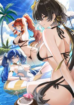 3girls abby_(wuthering_waves) adjusting_hair ahoge alternate_costume arm_strap armlet armpits arms_up augusta_(wuthering_waves) backboob beach beach_umbrella bikini black_bikini black_hair blue_eyes blue_hair blue_nails bracelet breasts choker cloud coconut_cup commentary earrings english_commentary eyewear_on_head female_rover_(wuthering_waves) from_behind highres hiroki_(hirokiart) innertube iuno_(wuthering_waves) jewelry large_breasts long_hair looking_at_viewer low_ponytail multiple_girls navel necklace one-piece_swimsuit orange_hair outdoors palm_tree partially_submerged ponytail red_hair ribbon rover_(wuthering_waves) sitting sky smile sun_necklace swim_ring swimsuit tree triangle_earrings twintails twitter_username umbrella underboob very_long_hair water white_one-piece_swimsuit wuthering_waves yellow_eyes yellow_ribbon