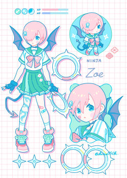 Rule 34 | 1girl, bandaid, bandaid on face, bandaid on knee, bandaid on leg, black gloves, blue eyes, blush stickers, bow, chakram, chibi, chibi inset, commentary request, demon tail, demon wings, dragon tattoo, english text, fingerless gloves, gloves, green sailor collar, green skirt, grid background, hair over one eye, health bar, highres, hiro046k, leg tattoo, multiple views, ninja, original, pink background, pink bow, pink hair, pink shoes, pleated skirt, sailor collar, shirt, shoes, short sleeves, shuriken, skirt, sneakers, socks, tail, tattoo, twitter username, weapon, white shirt, white socks, wings