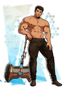 1boy abs arcane:_league_of_legends arcane_jayce bara beard_stubble black_hair closed_mouth facial_hair full_body highres jayce_(league_of_legends) large_pectorals league_of_legends looking_at_viewer male_focus mature_male muscular muscular_male navel nifast_(greentail) nipples pants pectorals planted short_hair shredded_muscles smile solo standing stomach stubble tan topless_male tsurime v-taper war_hammer weapon