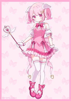 1girl blush bow bowtie commentary_request frilled_skirt frilled_thighhighs frills gloves highres magical_girl original pink_bow pink_bowtie pink_eyes pink_hair pink_shoes shoes short_hair skirt thighhighs togano white_gloves white_thighhighs winged_hair_ornament
