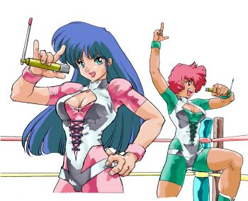 Rule 34 | 1980s (style), 2girls, blue hair, breasts, dirty pair, dokite tsukasa, earrings, highres, jewelry, kei (dirty pair), long hair, looking at viewer, multiple girls, official art, oldschool, red hair, retro artstyle, short hair, simple background, smile, white background, wrestling outfit, wrestling ring, yuri (dirty pair)