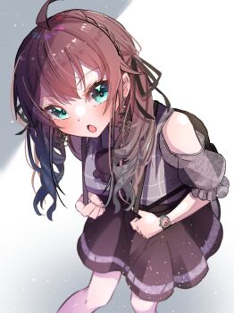 Rule 34 | 1girl, black ribbon, blush, brown hair, brown skirt, collared shirt, earrings, flower earrings, green eyes, grey shirt, hair ribbon, high-waist skirt, highres, hololive, jewelry, kimura mitsuki, looking at viewer, natsuiro matsuri, natsuiro matsuri (casual), official alternate costume, open mouth, plaid clothes, plaid shirt, ribbon, shirt, skirt, solo, virtual youtuber, watch, wristwatch