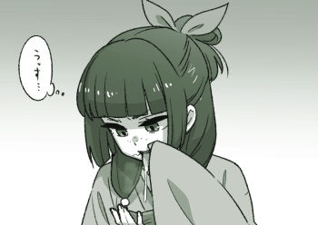 1girl after_fellatio chinese_clothes commentary_request cum cum_in_mouth gradient_background green_theme hair_ribbon heebee kusuriya_no_hitorigoto maomao_(kusuriya_no_hitorigoto) monochrome ribbon solo speech_bubble thought_bubble translation_request
