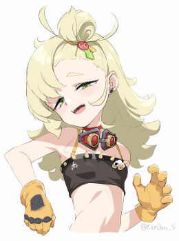 1girl :d absurdres bare_shoulders blonde_hair breasts choker commentary_request crop_top cropped_torso earrings gloves goggles goggles_around_neck green_eyes hair_bun highres jewelry kandori long_hair looking_at_viewer no_detached_sleeves open_mouth piper_wheel red_choker simple_background single_hair_bun small_breasts smile solo stomach twitter_username yellow_gloves zenless_zone_zero