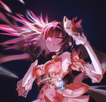 1girl 4gemo brown_hair fireworks fox_mask gun_to_head honkai:_star_rail honkai_(series) japanese_clothes mask smile sparkle_(honkai:_star_rail) symbol-shaped_pupils