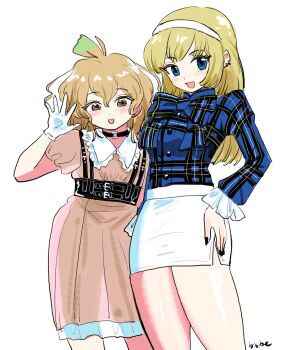 2girls black_choker black_nails blonde_hair blue_bow blue_eyes blue_shirt blush bow bowtie brown_dress brown_eyes choker dr._stone dress ear_piercing frills gloves hair_behind_ear hairband hand_on_own_hip highres kohaku_(dr._stone) long_hair long_sleeves looking_at_viewer miniskirt multiple_girls open_mouth pencil_skirt piercing plaid_clothes plaid_shirt puffy_sleeves sexesuki shirt short_hair skirt smile suika_(dr.stone) waving white_background white_gloves white_hairband white_skirt