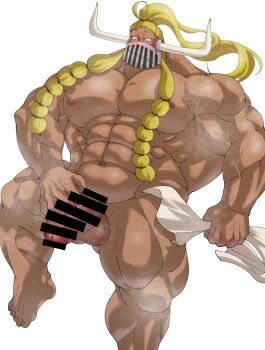 1boy abs absurdres bar_censor bara beard blonde_hair blush braid braided_beard censored completely_nude facial_hair flaccid gluteal_fold highres huge_pectorals jack_(one_piece) kanimiso_(jin_mochi_be) large_horns long_beard long_hair male_focus mask mouth_mask muscular muscular_male navel nipples nude one_piece solo spread_legs steaming_body strongman_waist thick_thighs thighs very_long_beard