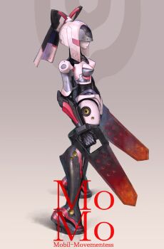 1girl absurdres black_thighhighs bow breasts dual_wielding english_text from_side full_body hair_bow hair_over_eyes high_heels highres holding holding_sword holding_weapon humanoid_robot mecha_musume medium_breasts momo_(optune) multicolored_hair nakakita_kouji no_humans optune original pink_hair ponytail robot robot_girl science_fiction second-party_source sidelocks simple_background solo standing sword thighhighs two-tone_hair weapon wrist_cuffs