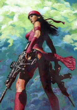 Rule 34 | 1girl, abstract background, assault rifle, bandana, black hair, bodysuit, cloud, daredevil (series), dual wielding, elektra, elektra natchios, gloves, gouache (medium), gun, holding, holding file, holding weapon, leotard, long hair, looking to the side, marvel, painting (medium), red bandana, red bodysuit, red leotard, rifle, shadow, solo, superhero costume, traditional media, valerio giangiordano, watercolor (medium), weapon, western comics (style), wind