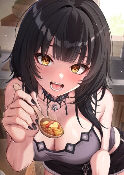 1girl :d alternate_hair_color ardenlolo bare_arms bare_shoulders black_choker black_hair black_nails black_shorts blunt_bangs blush breasts camisole choker cleavage collarbone commentary counter cowboy_shot day dolphin_shorts english_commentary food grey_camisole hand_up happy highres holding holding_spoon hololive hololive_english incoming_food kitchen large_breasts leaning_forward light_particles long_hair looking_at_viewer midriff_peek omelet omurice open_mouth paid_reward_available shiori_novella short_shorts shorts sink smile solo spoon standing teeth tongue virtual_youtuber window wooden_floor yellow_eyes
