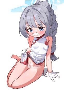 1girl blue_archive blue_eyes blue_halo blunt_bangs blush bottomless braid braided_ponytail breasts cherino_(blue_archive) cherino_(qipao)_(blue_archive) china_dress chinese_clothes clothes_lift dress dress_lift facial_hair fake_facial_hair fake_mustache gloves halo highres led_winter lifting_own_clothes loli mustache no_panties small_breasts solo sweat white_background white_dress white_gloves white_hair white_mustache