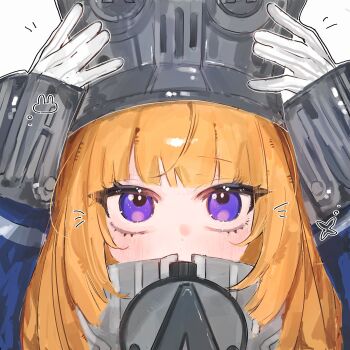 Rule 34 | 1girl, adjusting clothes, adjusting headwear, arms up, blonde hair, blue jacket, blush, commentary, gloves, grey hat, hat, highres, jacket, long hair, looking up, norma (zenless zone zero), pof h0, portrait, purple eyes, shako cap, simple background, solo, untranslatable commentary, white background, white gloves, zenless zone zero
