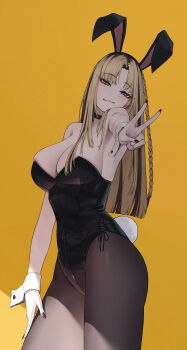 1girl absurdres animal_ear_hairband animal_ears armpits bare_shoulders black_hair black_leotard blonde_hair blunt_ends braid breasts cleavage covered_navel cowboy_shot curtained_hair edwin62293123 fake_animal_ears fake_tail hairband hashtag-only_commentary highleg highleg_leotard highres hololive hololive_dev_is koganei_niko large_breasts leotard long_hair looking_at_viewer multicolored_hair outstretched_arm pantyhose playboy_bunny rabbit_ear_hairband rabbit_ears rabbit_tail side-tie_leotard side_braid simple_background slit_pupils solo straight_hair strapless strapless_leotard streaked_hair tail v virtual_youtuber white_wrist_cuffs wrist_cuffs yellow_background