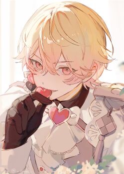 1boy avees blonde_hair brown_gloves candy commentary food gloves highres holding holding_candy holding_food leaf long_sleeves looking_at_viewer male_focus open_mouth pink_eyes project_sekai smile solo symbol-only_commentary tenma_tsukasa