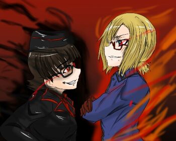 Rule 34 | 2girls, blonde hair, breasts, brown hair, gilbert school uniform, girls und panzer, girls und panzer little army, girls und panzer saga of pravda, glasses, kuromorimine military uniform, lowres, moesenyukikaze, multiple girls, school uniform, short hair, staring, tominaga (girls und panzer), yoshinaga jinko