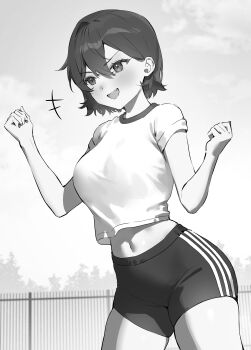 Rule 34 | +++, 1girl, absurdres, artist request, character request, commentary request, copyright request, cowboy shot, fang, greyscale, gym shirt, gym shorts, highres, midriff, monochrome, navel, open mouth, outdoors, shirt, short hair, short shorts, short sleeves, shorts, smile, solo, standing