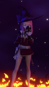 1girl 3d aqua_eyes bare_legs blender_(medium) breasts burryfuzz camera charlotte_(genshin_impact) female_focus genshin_impact glasses halloween hat highres holding holding_camera jack-o'-lantern legs medium_breasts naked_suspenders night nipple_slip nipples pink_hair pumpkin suspenders witch_hat