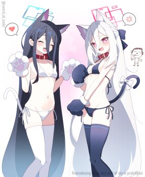 2girls @_@ absurdres anger_vein animal_collar animal_ear_fluff animal_ears animal_hands aris_(blue_archive) back-tie_bikini bikini black_bikini black_bow black_gloves black_hair black_hairband black_thighhighs blue_archive blush bow breasts cat_ears cat_tail collar collarbone deep_skin doodle_sensei_(blue_archive) embarrassed gloves hair_between_eyes hair_bow hairband halo heart highres kei_(blue_archive) kei_(new_body)_(blue_archive) kemonomimi_mode loli long_hair long_hair_between_eyes looking_at_viewer multiple_girls murasame_(sword_of_nmkr) navel open_mouth paw_gloves paw_pose pet pet_play pink_eyes pink_halo rectangular_halo red_collar revealing_clothes sensei_(blue_archive) shy side-tie_bikini_bottom simple_background skindentation small_breasts smile spoken_anger_vein spoken_heart standing swimsuit tail tears thighhighs very_long_hair wavy_mouth white_bikini white_gloves white_hair white_thighhighs