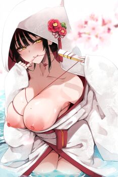 1girl anger_vein black_hair blush breasts cherry_blossoms choker choppy_bangs commentary_request indo_curry japanese_clothes kimono kimono_partially_removed large_areolae large_breasts long_sleeves mole mole_above_mouth mole_on_breast no_bra open_clothes open_kimono original ribbon_choker shiromuku short_hair solo string string_of_fate sweat tied_breast uchikake wading wataboushi water white_kimono wide_sleeves yellow_eyes yomokata_chouko