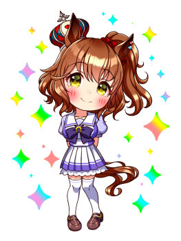 1girl animal_ears arms_behind_back aston_machan_(umamusume) blush bow bowtie breasts brown_hair chibi chibi_only closed_mouth collarbone commentary_request crown full_body hair_between_eyes hair_ornament hair_scrunchie highres horse_ears horse_girl horse_tail large_breasts looking_at_viewer mini_crown one_side_up pleated_skirt puffy_short_sleeves puffy_sleeves purple_bow purple_bowtie purple_shirt red_scrunchie sailor_collar sailor_shirt school_uniform scrunchie shirt shoes short_sleeves skirt smile solo sugimotty_nova tail thighhighs tilted_headwear tracen_school_uniform umamusume white_sailor_collar white_skirt white_thighhighs yellow_eyes zettai_ryouiki