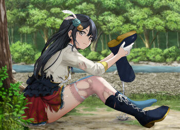 1girl black_boots black_hair blue_thighhighs boots breasts closed_mouth commentary_request feather_hair_ornament feathers flower forest from_side gibun_(sozoshu) gloves grass grey_eyes hair_flower hair_ornament highres holding holding_boots holding_footwear holding_unworn_clothes long_hair looking_at_viewer love_live! love_live!_nijigasaki_high_school_idol_club mismatched_thighhighs nature one_side_up outdoors pink_thighhighs red_skirt shirt sitting skirt smile solo thighhighs thighs torn_clothes torn_shirt torn_skirt torn_thighhighs tree unworn_boots white_gloves yuki_setsuna yuki_setsuna_(afterschool_school_idol)
