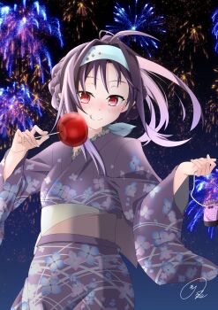1girl :q ;q absurdres aerial_fireworks ahoge alternate_costume blush candy_apple closed_mouth commentary_request fireworks food frilled_kimono_collar hairband hands_up highres holding holding_food holding_pouch japanese_clothes kimono long_hair long_sleeves looking_at_viewer maximum7010 messy_hair new_year obi one_eye_closed pouch purple_hair purple_kimono red_eyes sash signature smile solo sword_art_online tongue tongue_out upper_body watermark white_hairband wide_sleeves yukata yuuki_(sao)