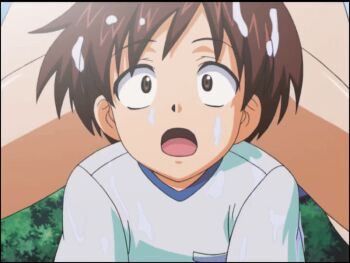 1boy 1girl animated animated_gif anime_screenshot banana breast_rest breasts breasts_on_head brown_hair eiken food fruit happy holding holding_food huge_breasts mifune_densuke misono_kirika open_mouth purple_hair shirt smile white_shirt