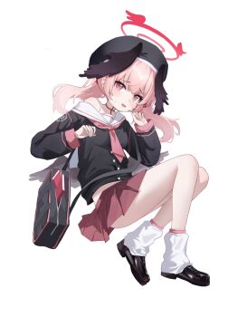 Rule 34 | 1girl, absurdres, ass, bag, beret, black bag, black hat, black shirt, black shoes, black wings, blue archive, book, commentary, full body, halo, hat, head wings, highres, koharu (blue archive), leg warmers, long sleeves, looking at viewer, low wings, medium hair, necktie, open mouth, pink eyes, pink hair, pink necktie, pink skirt, pleated skirt, sailor collar, school bag, shirt, shoes, simple background, single off shoulder, skirt, smile, solo, thighs, white background, white leg warmers, white sailor collar, wings, xiaoxiaoyifan