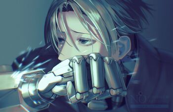 1boy clenched_hand covered_mouth cyborg eyelashes hai_aaa8 highres kurt_cramer looking_afar male_focus milky_galactic_universe milky_subway prosthesis prosthetic_arm solo upper_body