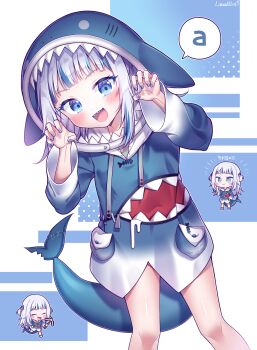 absurdres animal_costume animal_hood blue_eyes blue_hoodie blue_nails blush claw_pose fins fish_tail gawr_gura gradient_clothes hair_ornament highres hololive hololive_english hood hoodie lanubis long_hair medium_hair open_mouth polearm shark_costume shark_hair_ornament shark_hood shark_tail sharp_teeth speech_bubble tail teeth virtual_youtuber weapon white_hair