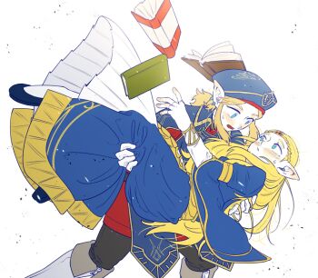 1boy 1girl blonde_hair blue_dress blue_eyes blush book boots braid carrying couple dress ear_blush full_body gloves green_eyes hashtag-only_commentary hat hetero highres link long_hair military_uniform nintendo open_book pointy_ears ponytail princess_zelda royal_guard_set_(zelda) seeckgo sidelocks the_legend_of_zelda the_legend_of_zelda:_breath_of_the_wild the_legend_of_zelda:_tears_of_the_kingdom tiara very_long_hair white_background white_boots