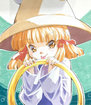 1girl blonde_hair brown_hat commentary_request hair_ribbon hat long_sleeves looking_at_viewer marker_(medium) mizuki_hitoshi moriya's_iron_rings moriya_suwako ribbon short_hair solo tongue tongue_out touhou traditional_media yellow_eyes