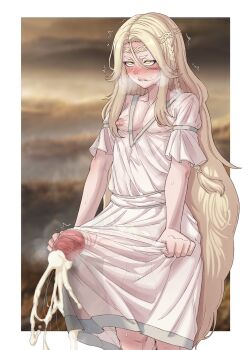 1boy absurdres biting_own_lip blonde_hair blurry blurry_background blush border braid bulge circlet collarbone commentary covered_erect_nipples cum cum_in_clothes cum_through_clothes dress ebonyxh ejaculation elden_ring english_commentary erection erection_under_clothes handsfree_ejaculation highres huge_penis huge_testicles long_hair male_pubic_hair miquella_(elden_ring) nipples pectorals penis pubic_hair robe rolling_eyes see-through_clothes see-through_dress short_sleeves simple_background solo spontaneous_orgasm standing steaming_body sweat teeth testicles trap trembling tunic upper_teeth_only veins veiny_penis very_long_hair white_border white_dress white_robe white_tunic yellow_eyes