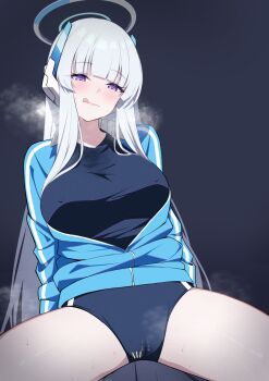 1boy 1girl :d :q absurdres alternate_costume aroused black_buruma black_shirt blue_archive blue_jacket blunt_bangs blush breasts bulge buruma closed_mouth commentary dark_background dot_nose erection erection_under_clothes female_pervert girl_on_top gym_shirt halo headgear heavy_breathing highres jacket large_breasts legs_apart long_hair long_sleeves looking_at_penis looking_at_viewer looking_down nipples nipples_visible_through_shirt noa_(blue_archive) open_clothes open_jacket open_mouth pervert purple_eyes reia_76 bad_tag shirt simple_background sitting sitting_on_person smile solo_focus spread_legs stained_clothes steam steaming_body sweat sweaty_clothes thighs tilted_head tongue tongue_out track_jacket very_long_hair white_hair white_halo